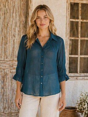 Esley Teal Sheer Button Up Blouse Size Large Ruffle Sleeve Boho Top